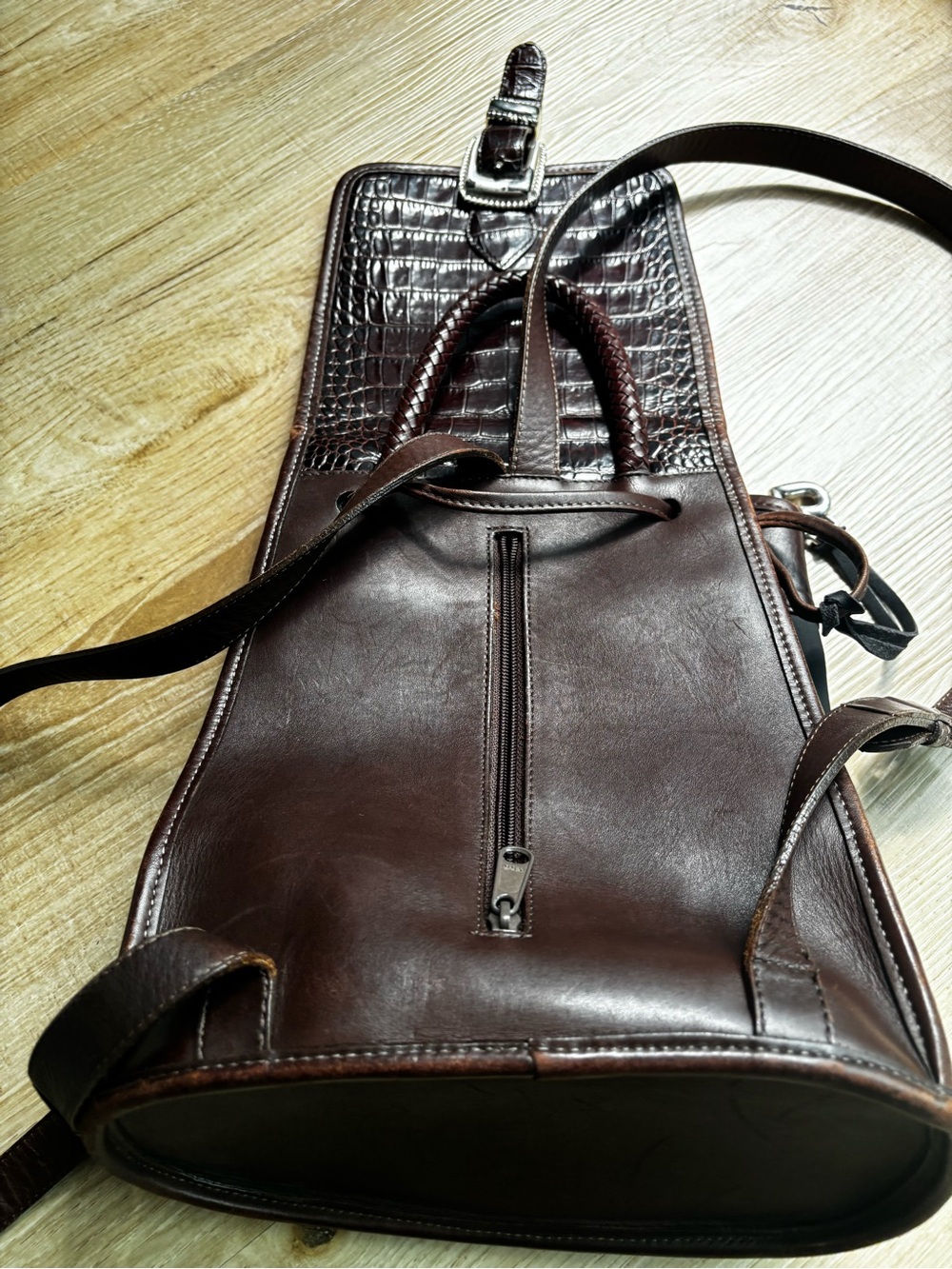 Brighton Vintage Black and Dark Brown Croc-Embossed Leather Backpack - Picture 7 of 12